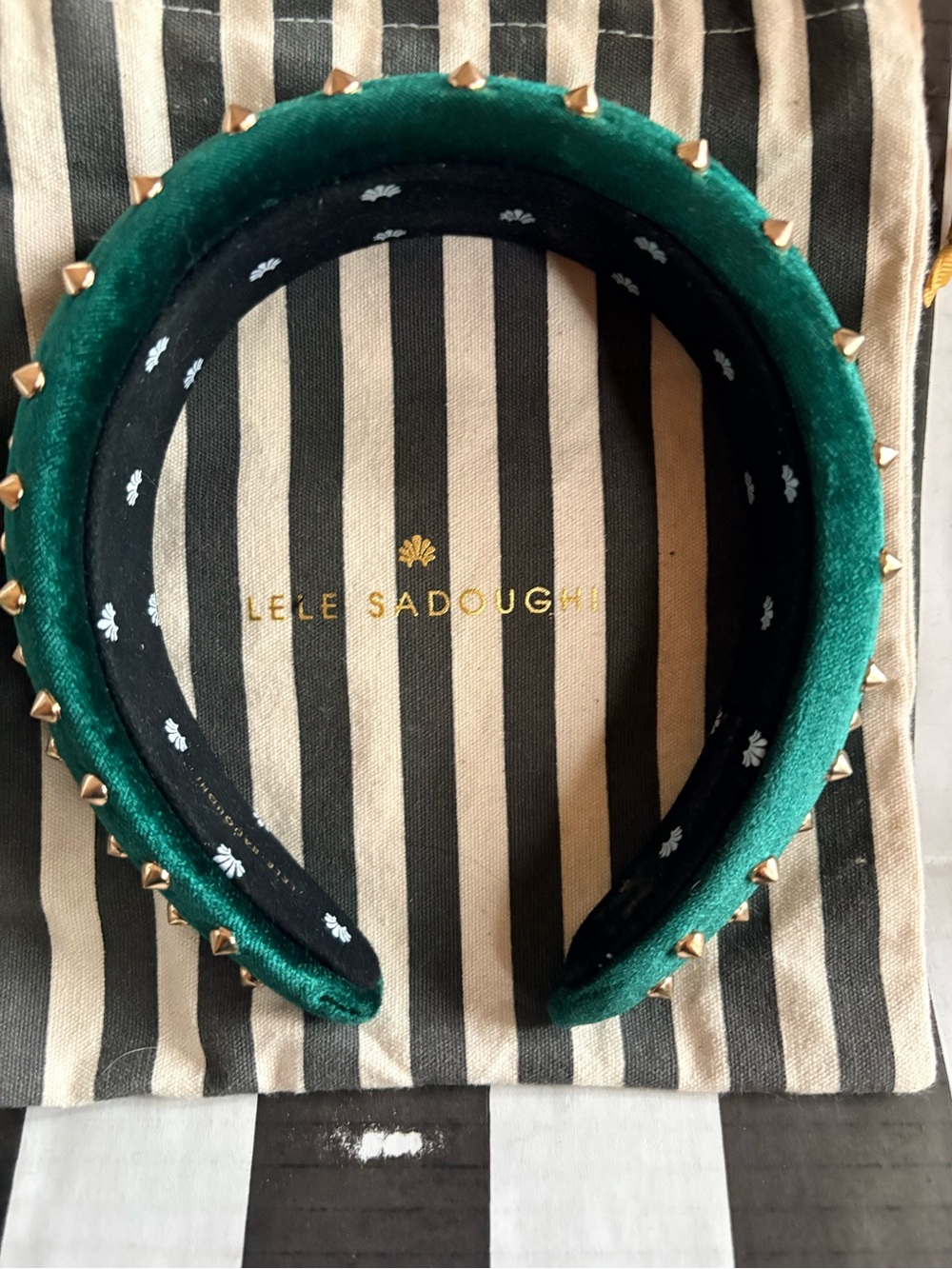 Lele Sadoughi Emerald Green Velvet Headband with Gold Pyramid Studs